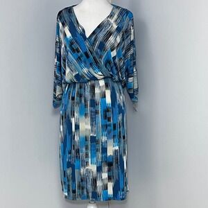 NWT Dressbarn Abstract Print Surplice 3/4 Sleeve Midi Dress Sz 14 Stretch Career